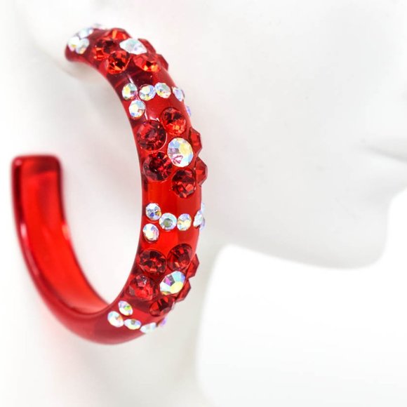 2" Flower Pattern Red Lucite Rhinestone Earrings - Picture 2 of 11
